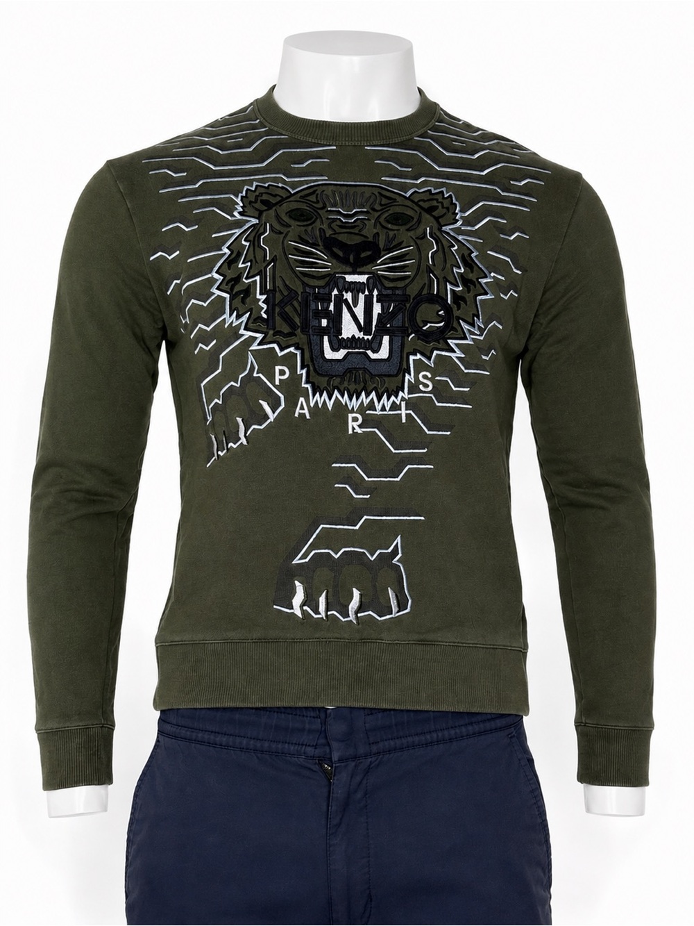 KENZO Paris Tiger Embroidered Olive Green Crewneck Sweatshirt Men’s M